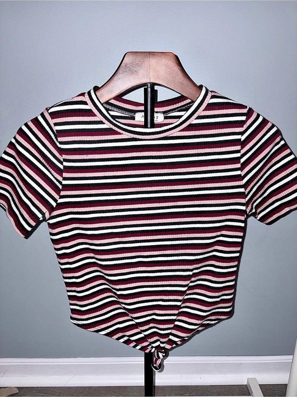 January 7 Striped Short Sleeve Top in Black & Pink Like New